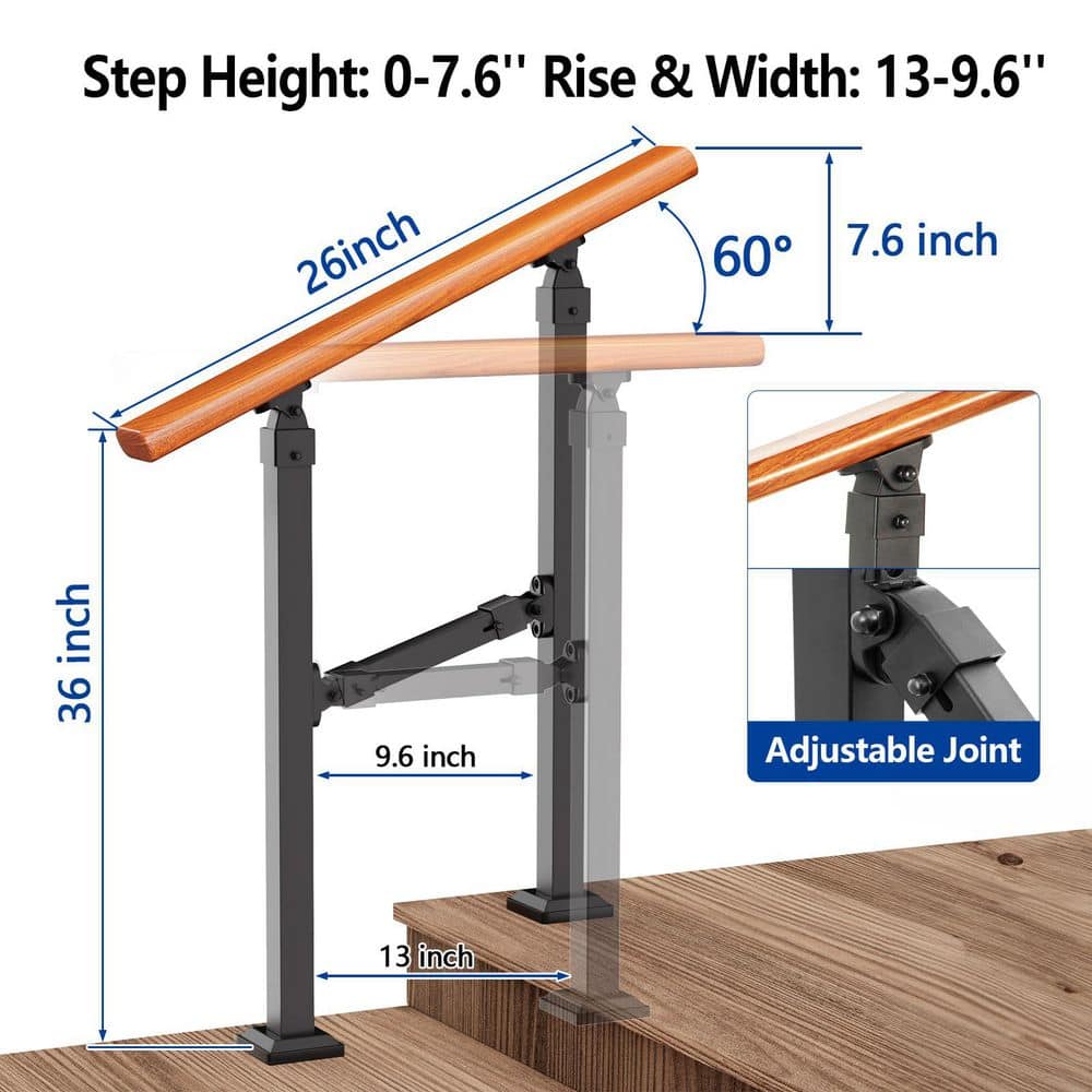 NVNOO Outdoor Steel Metal Hand Rails for Porch, Wooden Stairs Railing Fit 1 to 2 Steps with Installation Kit, Black (3)