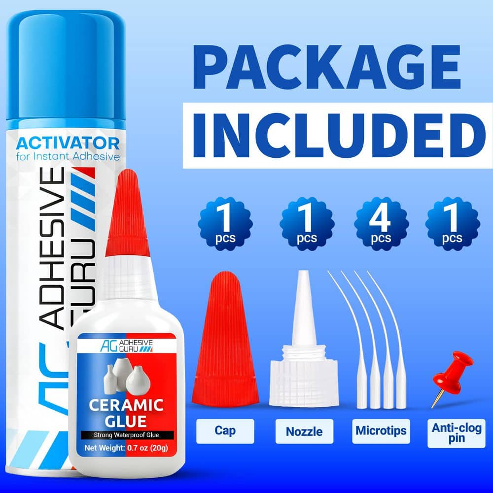 AG ADHESIVE GURU AG Ceramic Glue 0.7 oz. & Activator Spray 3.38 fl oz. Set, Fast-Drying Clear CA Glue Set for Porcelain, Pottery, Crafts (2)