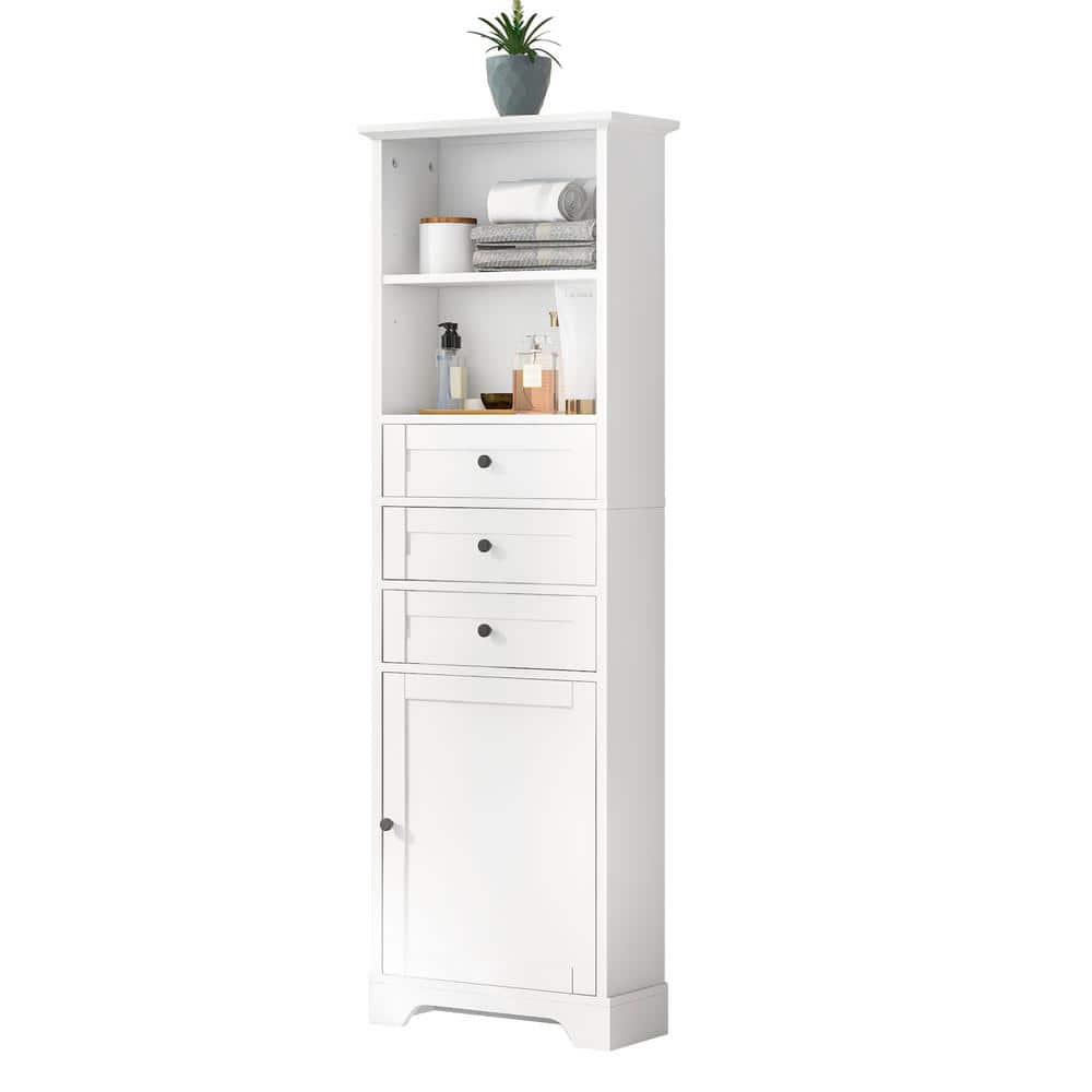 Unbranded Modern 22 in. W x 10 in. D x 68.3 in. H White Tall Linen Cabinet with 3 Drawers and Open Shelves (2)