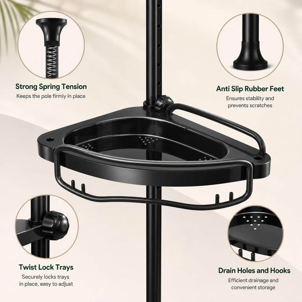 Wudkey Heavy Duty Tension Pole Floor-to-Ceiling Corner Shower Caddy with 4 Adjustable Rustproof Shelves No Drill in Black (3)