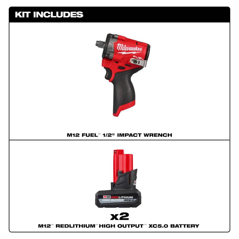 Milwaukee M12 FUEL 12V Lithium-Ion Brushless Cordless Stubby 1/2 in. Impact Wrench with M12 XC High Output 5 Ah Battery (2-Pack) (2)