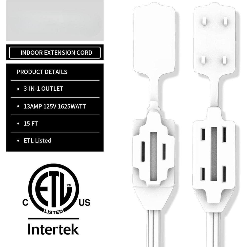 Lukyamzn 15Ft. 16/2 Heavy Duty Indoor Extension Cord with 2 Prong, 3 Polarized Outlets Safety Cap Protect for Home Office, White (3)