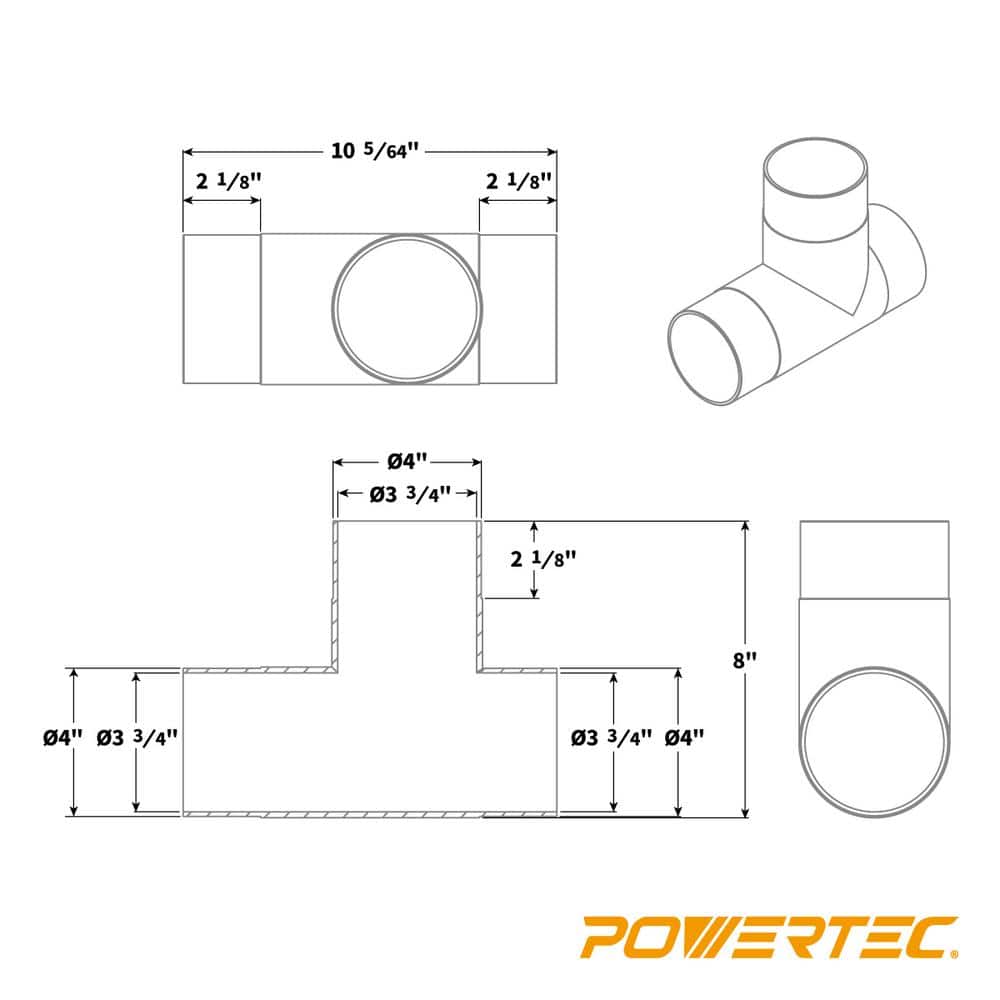 POWERTEC 4 in. T-Fitting Dust Hose Connector for Dust Collection Systems (3)