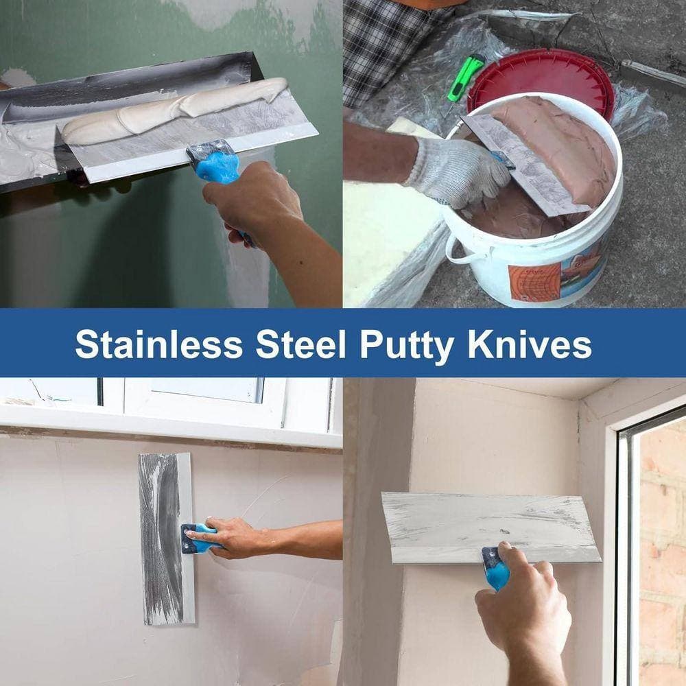KIWDZFU 3 4 5 6 8 12 Stainless Steel Drywall Joint Taping Knife with Rubberized Ergonomic Grip 7 Pieces Kit (3)