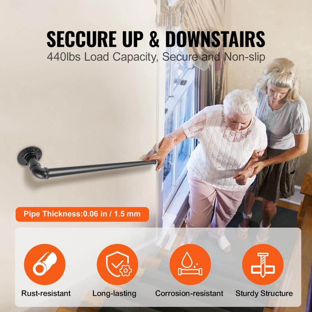 SVOPES Wall Mount Pipe Stair Handrail, 3 ft. Staircase Handrail, 35.43 in. H x 3.74 in. W, Black Carbon Steel Stair Railing Kit (2)
