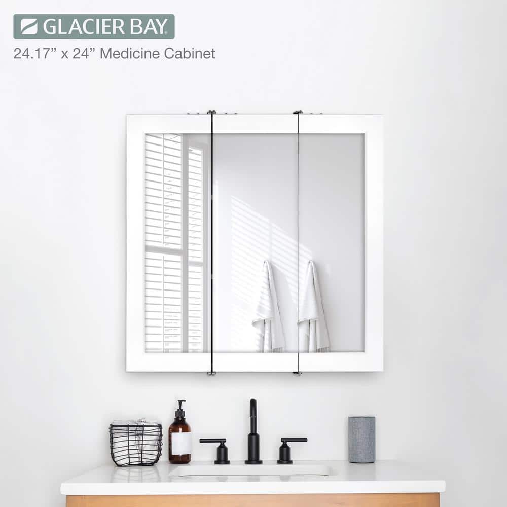 Glacier Bay 24-3/16 in. W x 24 in. H Framed Surface-Mount Tri-View Bathroom Medicine Cabinet with Mirror, White (3)