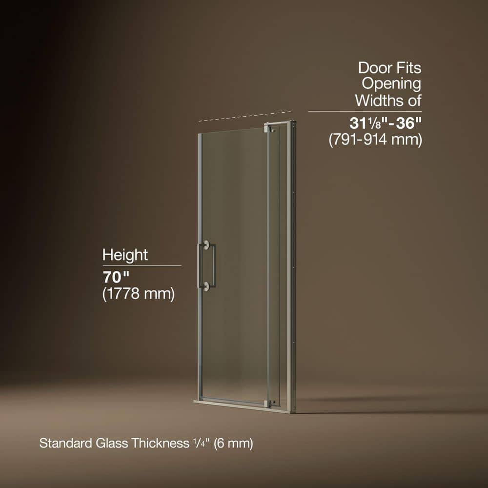 KOHLER Ashan 32-36 in. W x 70 in. H Frameless Pivot Shower Door in Brushed Nickel with 1/4 in. Thick Clear Tempered Glass (4)