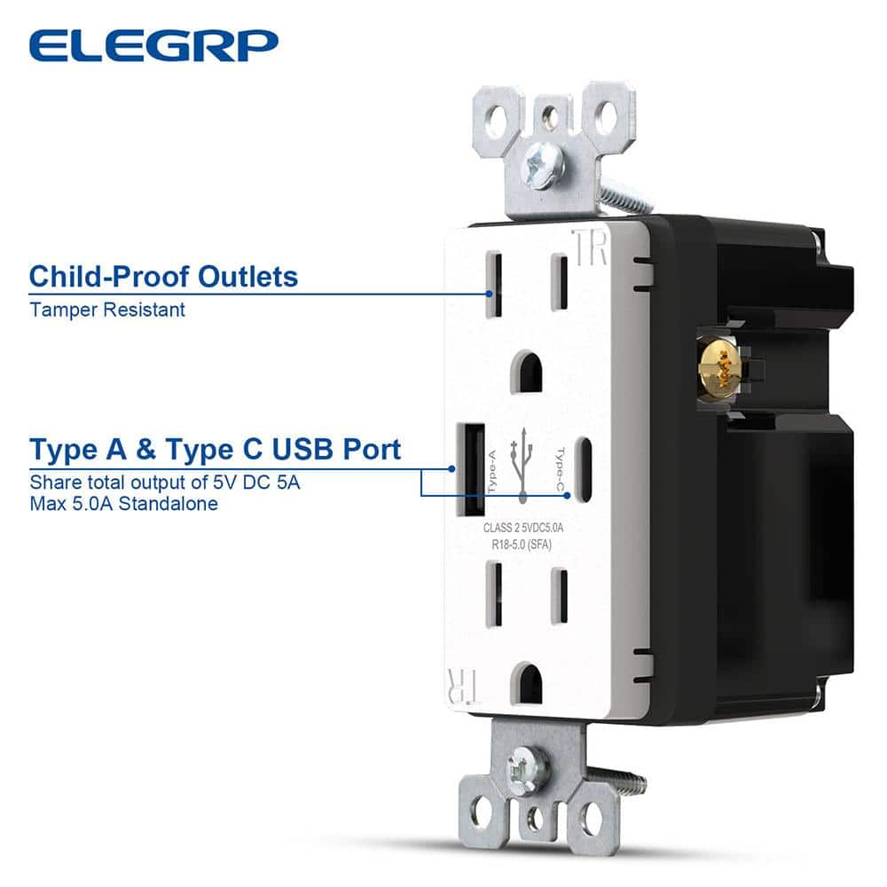 ELEGRP 25-Watt Type A & C Dual USB Wall Charger with Duplex Tamper Resistant Outlet Wall Plate Included (3)