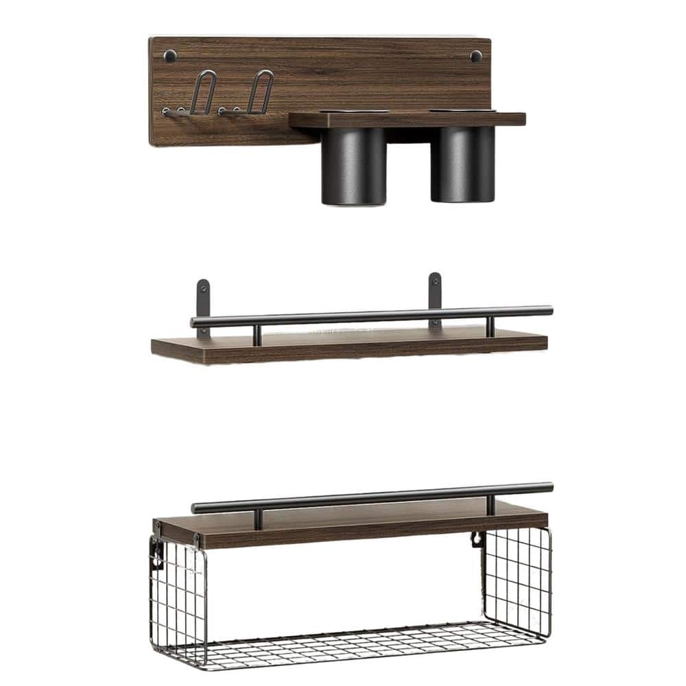 Adrinfly Over The Toilet Wall Mounted Wood Bathroom Floating Shelves with Hair Dryer Holder Storage in Wood Rustic Brown 3-Pack