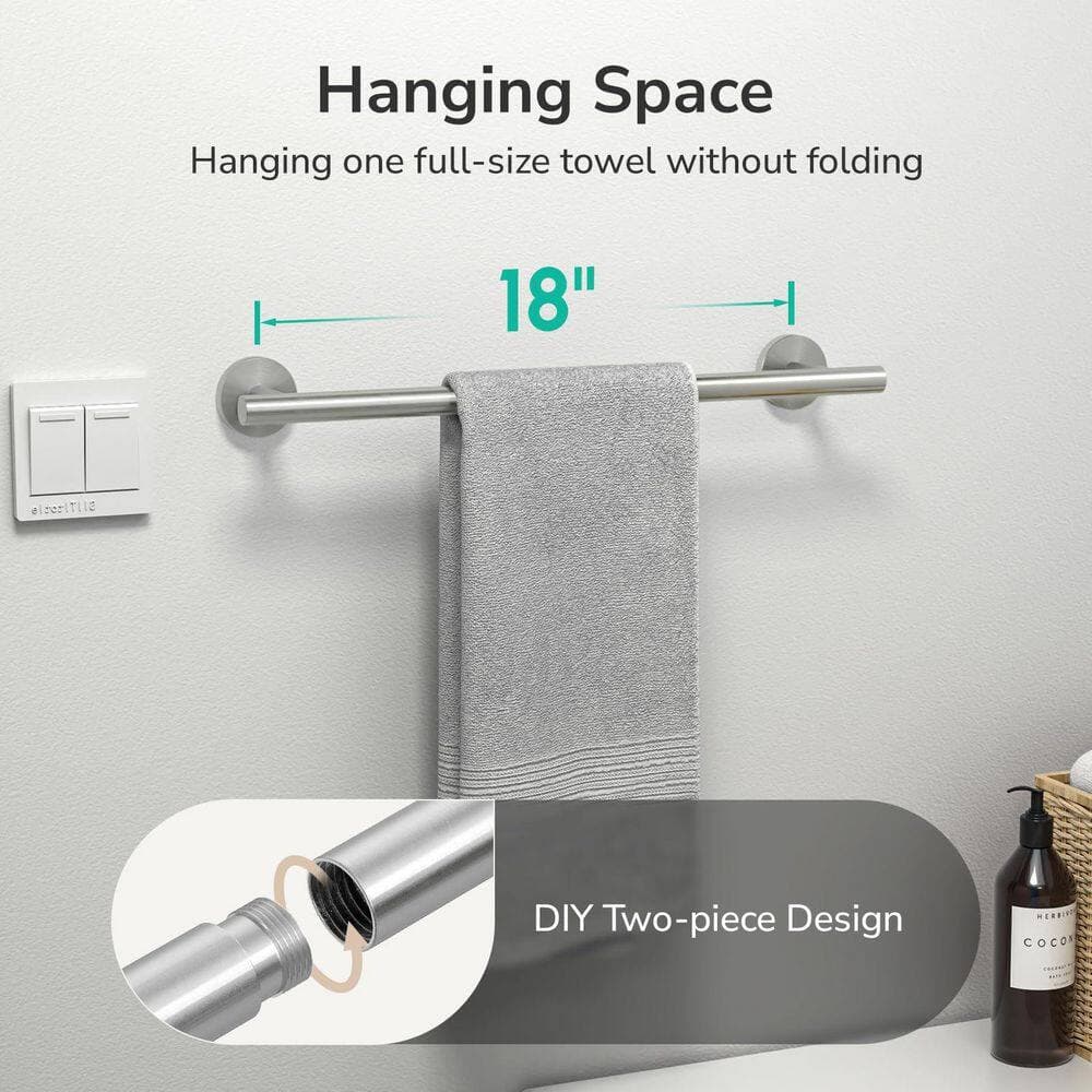 Numhew 1-Piece 18 in. Stainless Steel Towel Bar Towel Rack, Bathroom Wall Mounted Towel Rod Modern Home Decor in Brushed Nickel (3)
