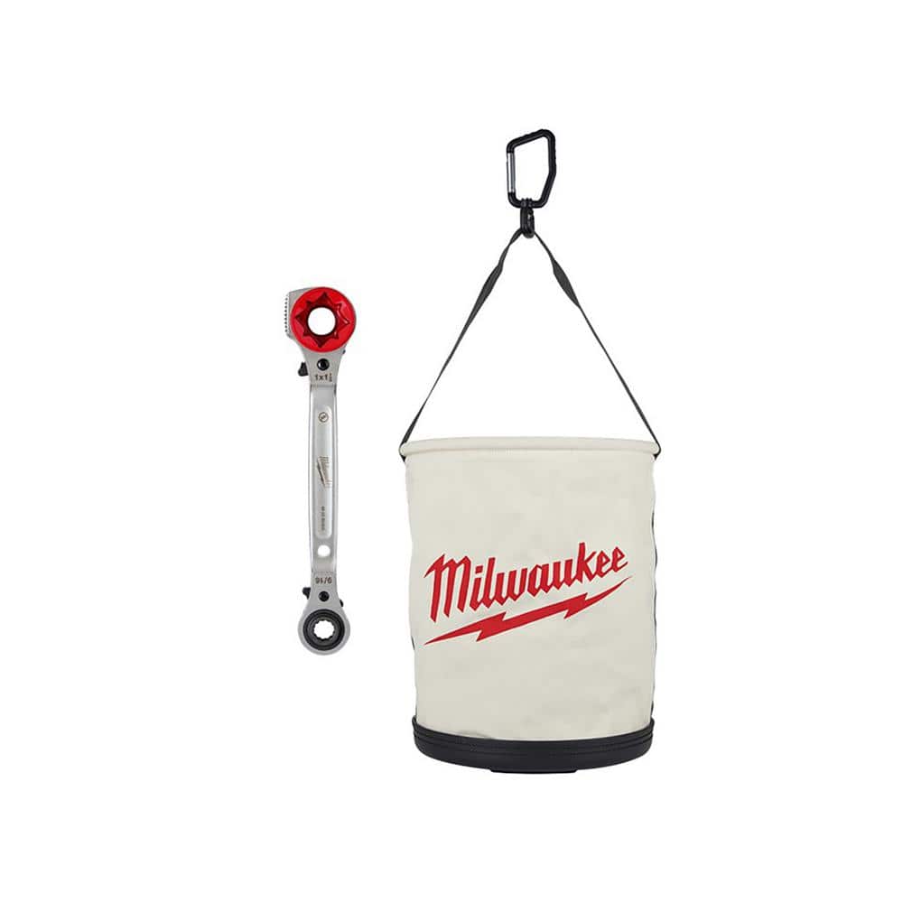 Milwaukee 3/4 in. Linemans 5-In-1 Ratcheting Wrench with Milled Strike Face and 12 in. Canvas Utility Bucket Tool Bag (2-Piece)