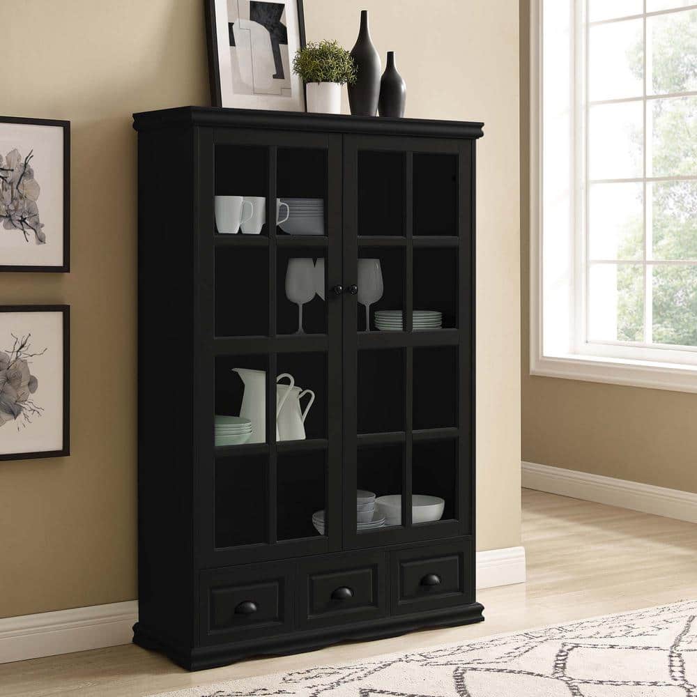 Unbranded 40.16 in. W x 14 in. D x 60 in. H Black Linen Cabinet with Tempered Glass Doors Curio Cabinet and Triple Drawers (2)