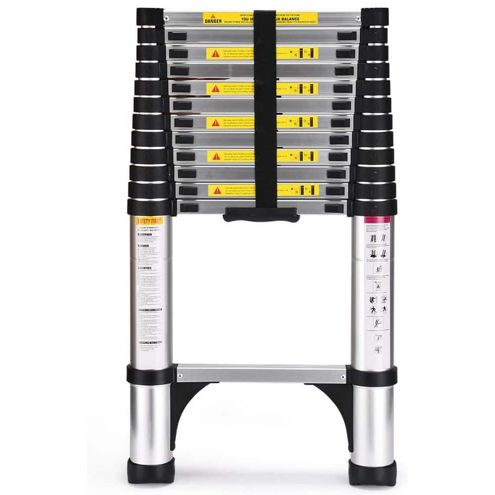 Unbranded 12.5 ft. Aluminum Telescoping Ladder with Triangle Stabilizers, 330 lbs. Capacity