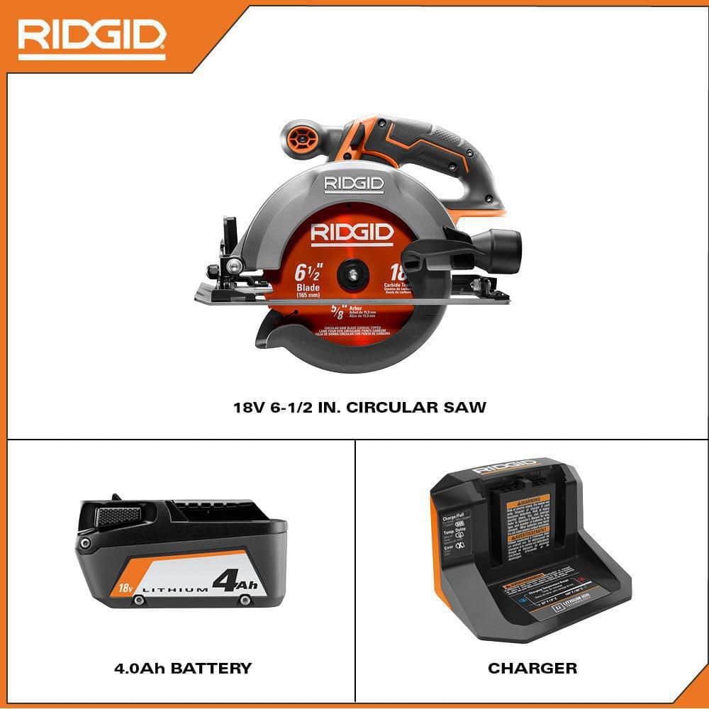 RIDGID 18V Cordless 6-1/2 in. Circular Saw Kit with (1) 4.0 Ah Battery and Charger (2)