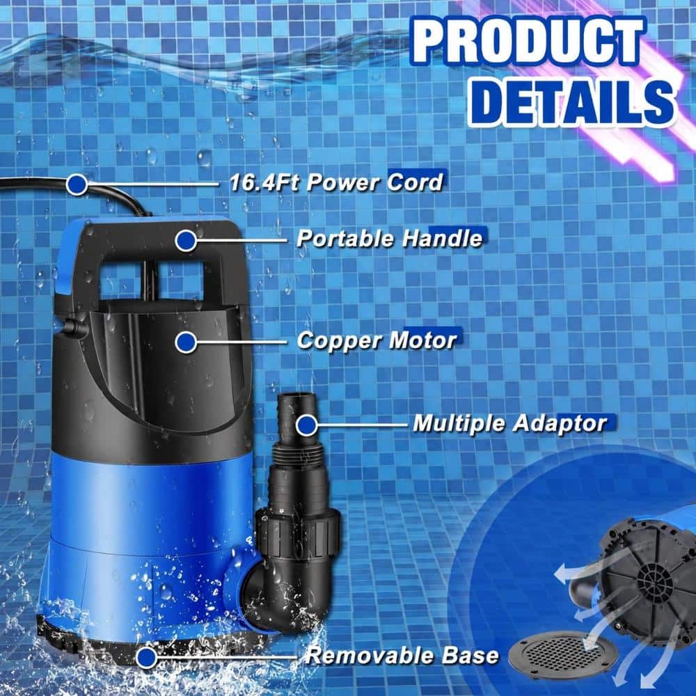 Unbranded Sump Pump 1 HP Submersible Utility Water Pump 3900 GPH with Low Suction Base, 28 ft Lift, Hose Adapters (3)