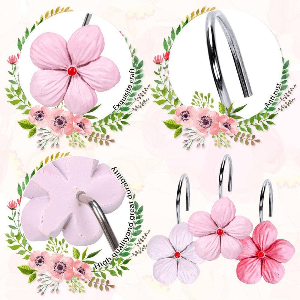 KHKFY Pink Floral Shower Curtain Hooks Set, 12 Pieces, Resin and Metal Cherry Blossom Rings, Decorative Collection (3)