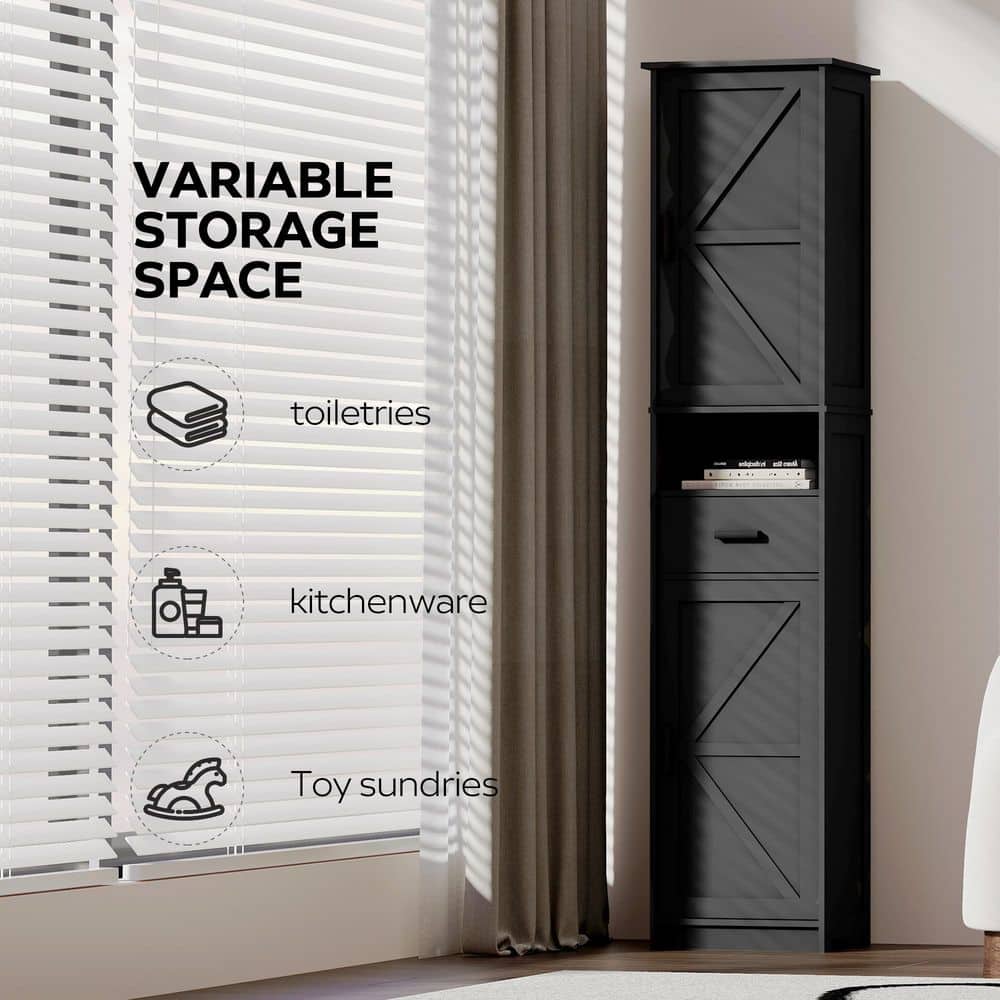 Lycvki 14.56 in. W x 11.22 in. D x 69.29 in. H Black Linen Cabinet with 2 Barn Doors and 1 Drawer for Bathroom (2)