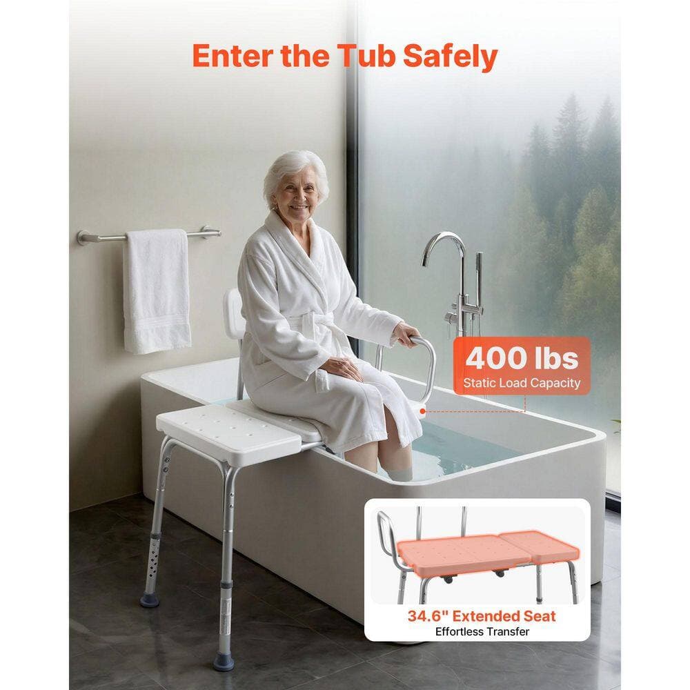 VEVOR 20.9 in. W Freestanding Tub Transfer Bench with Arms & Backrest in White, Adjustable Height, Supports up to 400 lbs. (2)