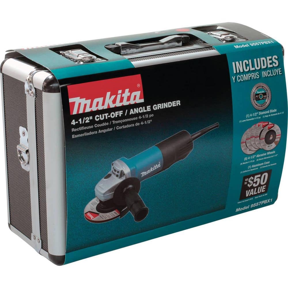 Makita 7.5 Amp Corded 4-1/2 in. Paddle Switch Grinder with Aluminum Case, Diamond Blade and Grinding Wheels (3)