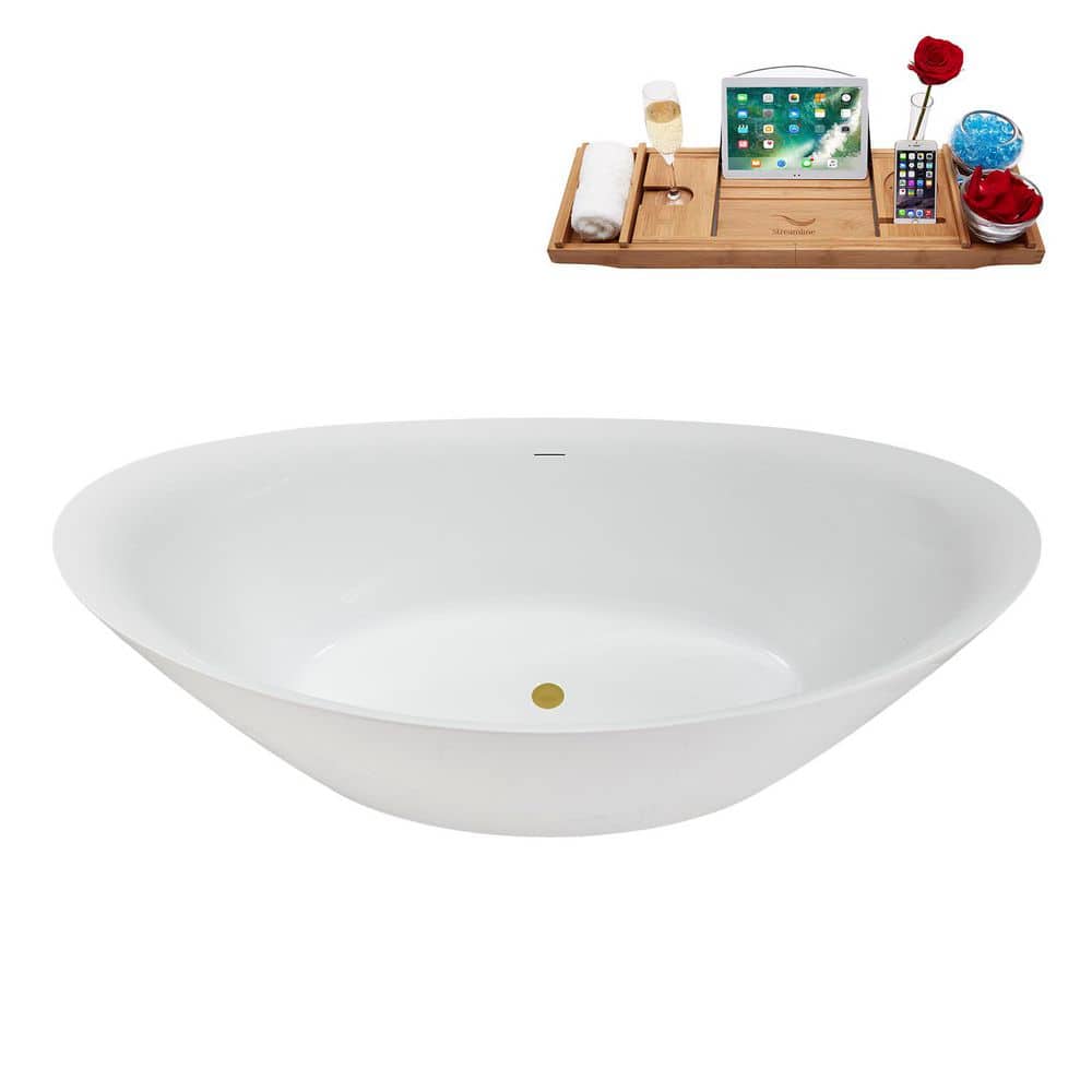 Streamline 71 in. x 33 in. Acrylic Freestanding Soaking Bathtub in Glossy White with Brushed Gold Drain (3)