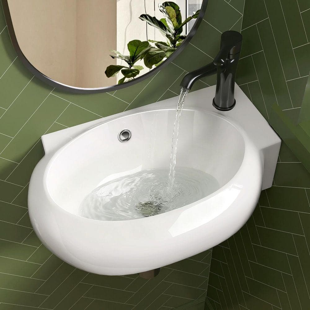 Getpro 17 in. Wall-Mounted Oval Vitreous China Bathroom Sink with Right-Side Single Faucet Hole and Overflow in Gloss White (1)