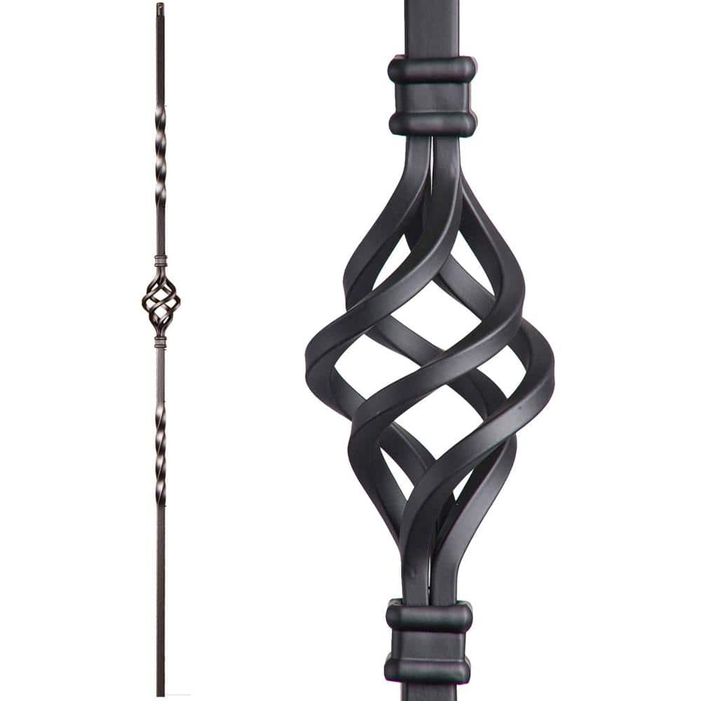 HOUSE OF FORGINGS Twist and Basket 44 in. x 0.5 in. Satin Black Single Basket Hollow Wrought Iron Baluster
