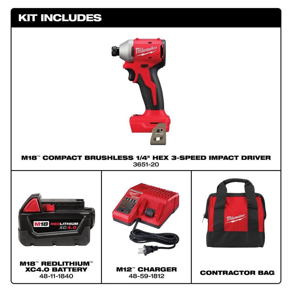 Milwaukee M18 18V Lithium-Ion Compact Brushless Cordless 1/4 in. Impact Driver Kit (3)
