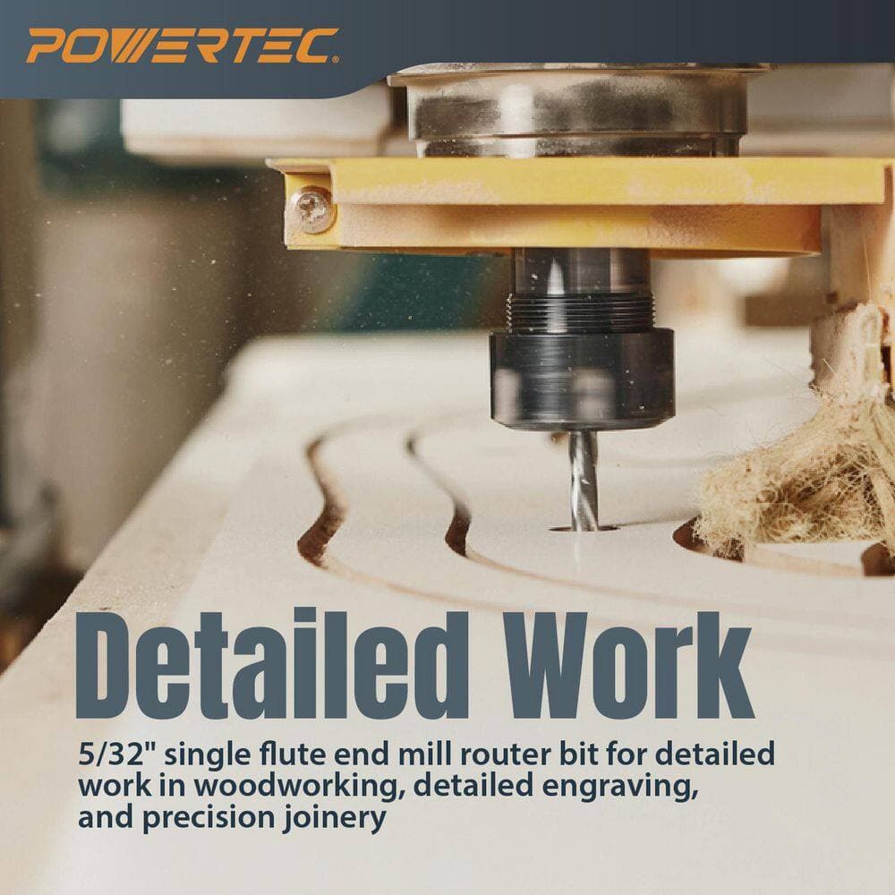 ‎POWERTEC Single Flute Carbide Up-Cut Router Bit 5/32 in. Spiral, 5/32 in. Shank, 25/64 in. Cutting Length, 1-37/64 in. Long, 2PC (2)