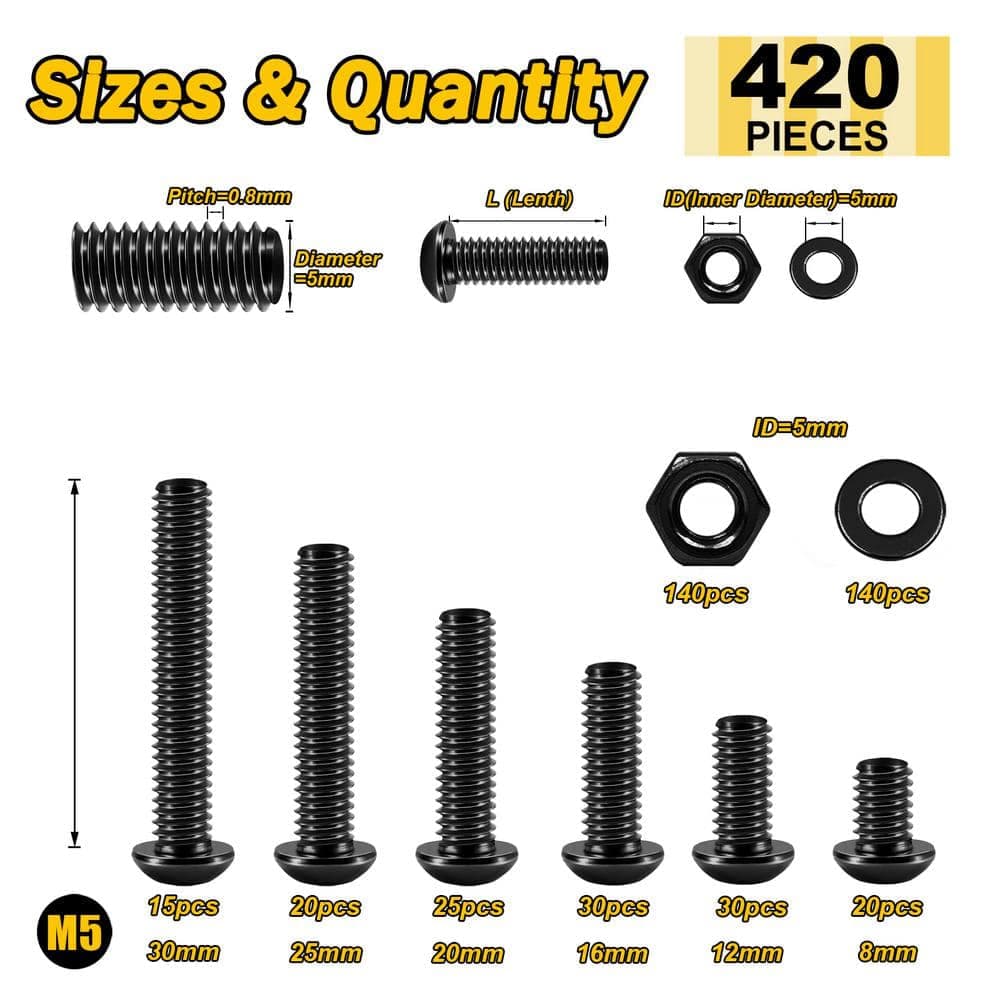 MYWISH Carbon Steel M5 x 8/12/16/20/25/30mm Button Head Assorted Screw Kit with Hex Spanner (420-Pack) (2)