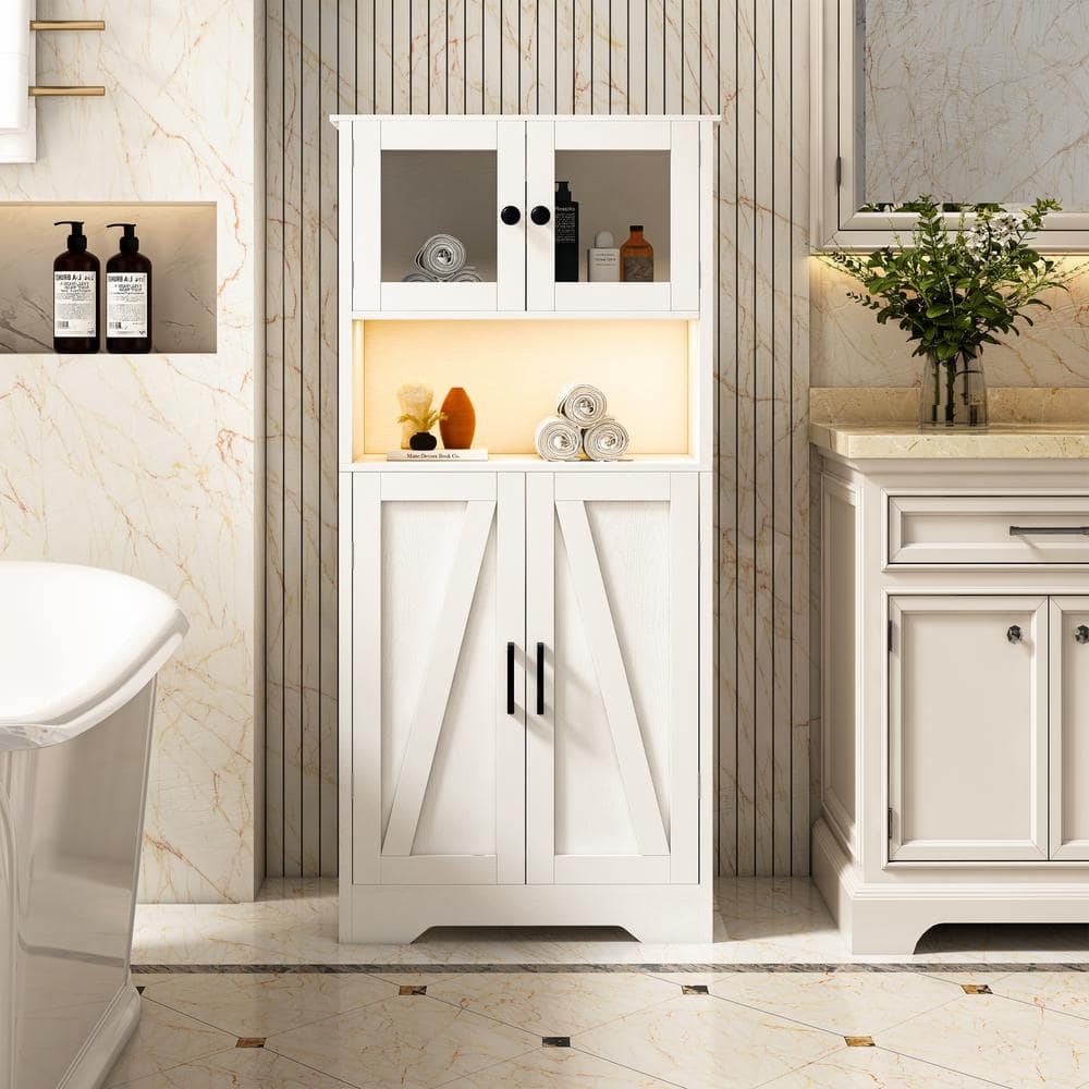 Unbranded 23.62 in. W x 11.81 in. D x 50.39 in. H White Linen Cabinet 4-Door Storage Cabinet with LED Light Open Storage Space (2)