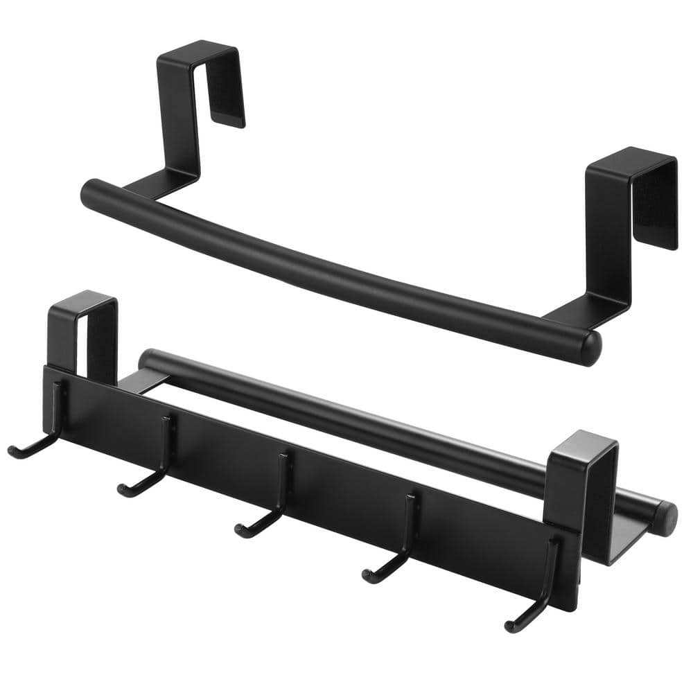 KES 2-Piece Over the Door Towel Rack and Over Cabinet Towel Bar with 5-Hooks for Kitchen and Bathroom in Matte Black