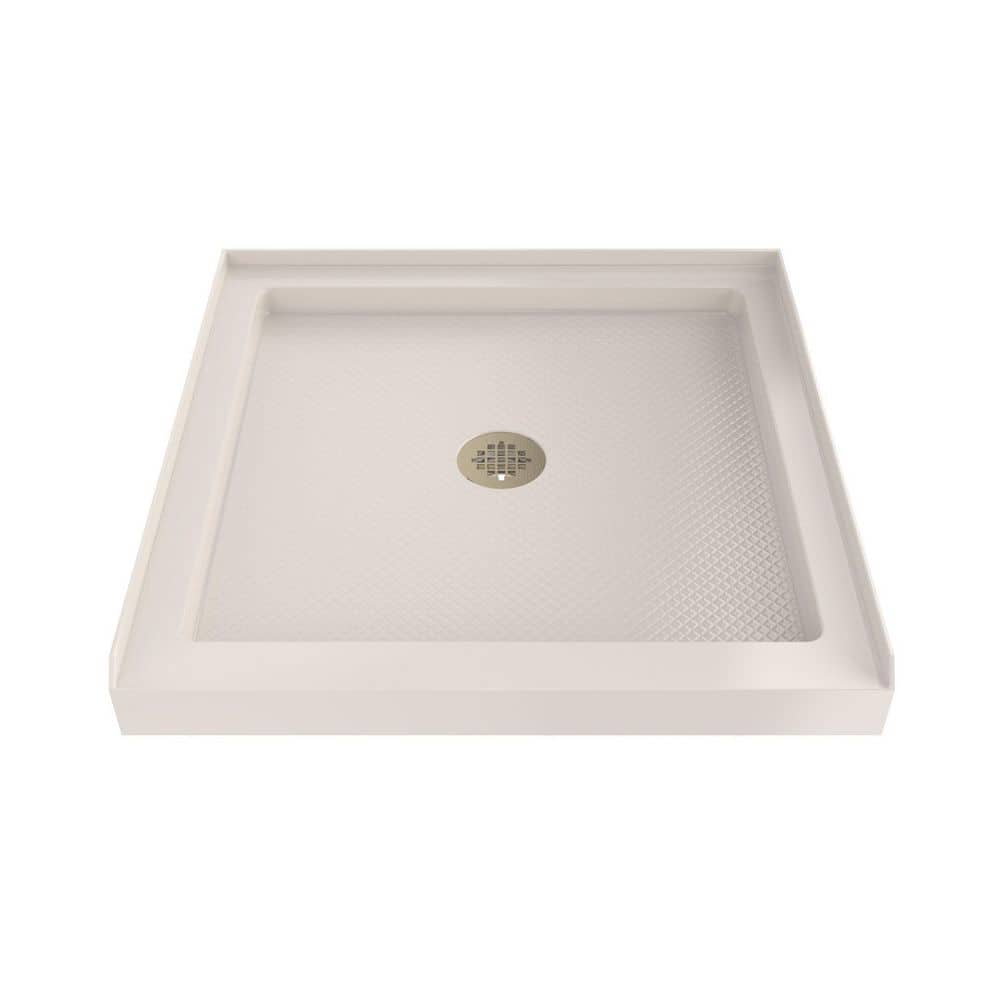 DreamLine SlimLine 36 in. L x 36 in. W Alcove Square Biscuit Shower Pan Base with 2 in. Round Center Drain in Brushed Brass (1)