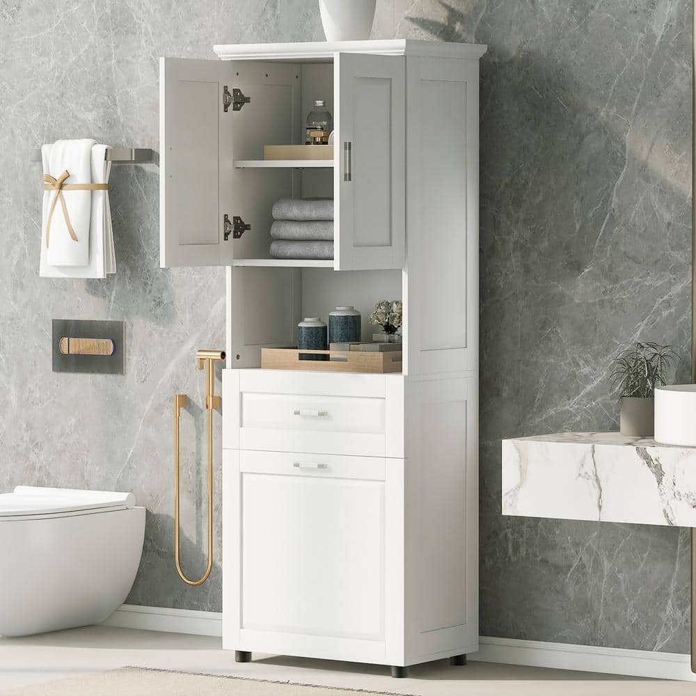 Unbranded 24.72 in. W x 16.29 in. D x 69.92 in. H White Linen Cabinet with Laundry Basket (2)