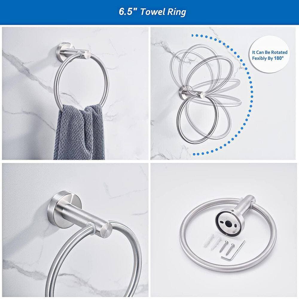Anqtovp 6 Piece Bathroom Hardware Set with Towel Bar, Toilet Paper Holder, Towel Ring, 3 Hooks in Brushed Nickel (3)