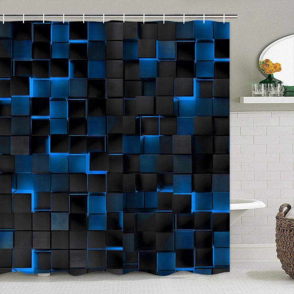 Unbranded 70.8 in. W x 70.8 in. L Polyester Shower Curtain Set 4 Piece Modern 3D Blue Black Bathroom Rugs Hooks (2)
