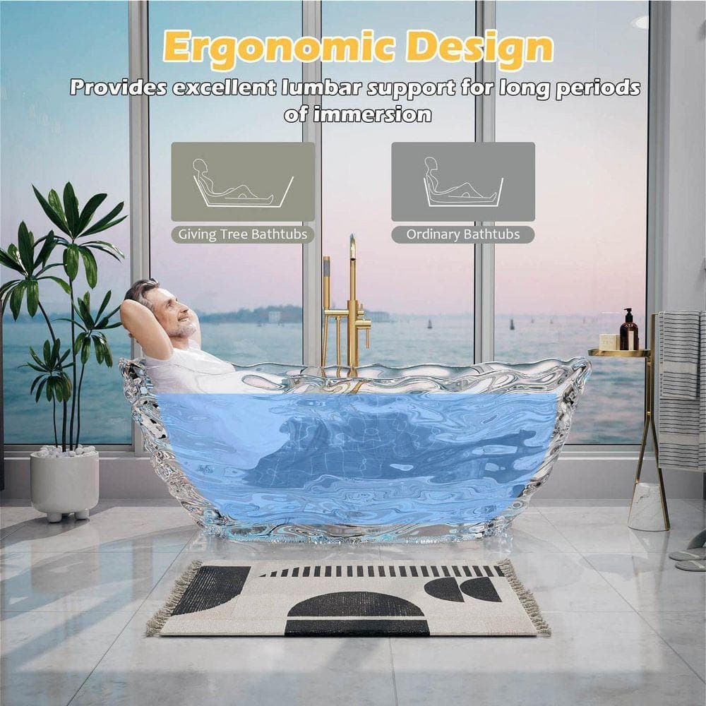 GIVING TREE 69 in. x 31 in. Crystal Resin Freestanding Soaking Bathtub with Center Drain in Transparent Ripple Finish (3)