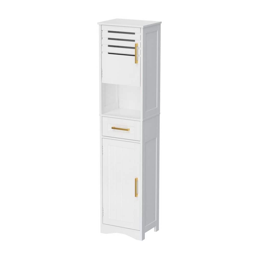 YSQCAR 15 in. W x 11.4 in. D x 67 in. H White MDF Freestanding Linen Cabinet with 2-Doors, 1 Drawer and 5 Adjustable Shelf (1)