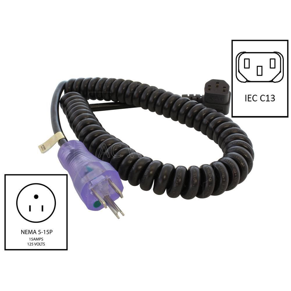AC WORKS Up to 6.5 ft. 10 Amp 18/3 Coiled Medical Grade Power Cord with Right C13 Connector (2)