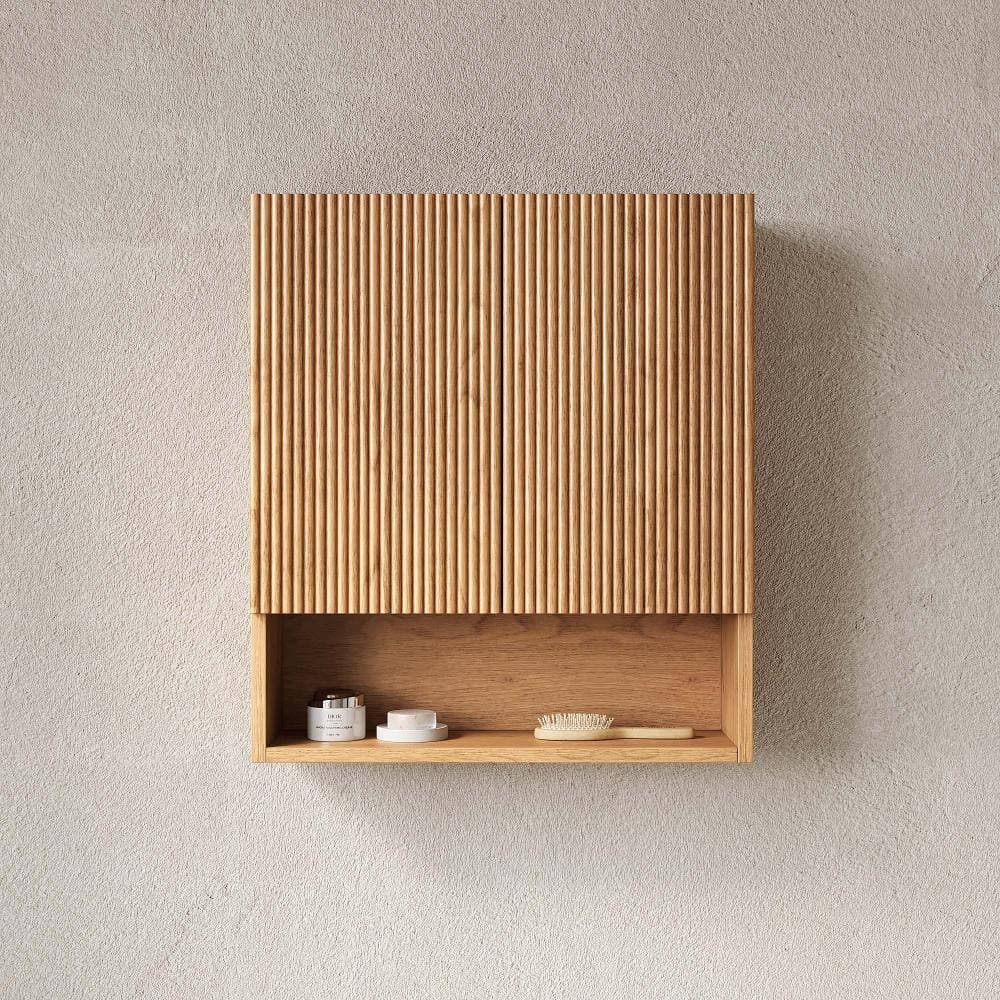 XUJMK 26 in. W x 8 in. D x 30 in. H Striped Bathroom Storage Wall Cabinet with Shelf Doors Open Storage Compartment in Natural (3)