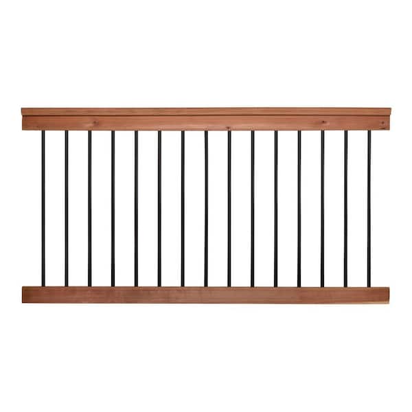 ProWood 3 ft. x 6 ft. Redwood Pre-Assembled Capped Wood Deck Line Railing with Black Aluminum Round Balusters (2)