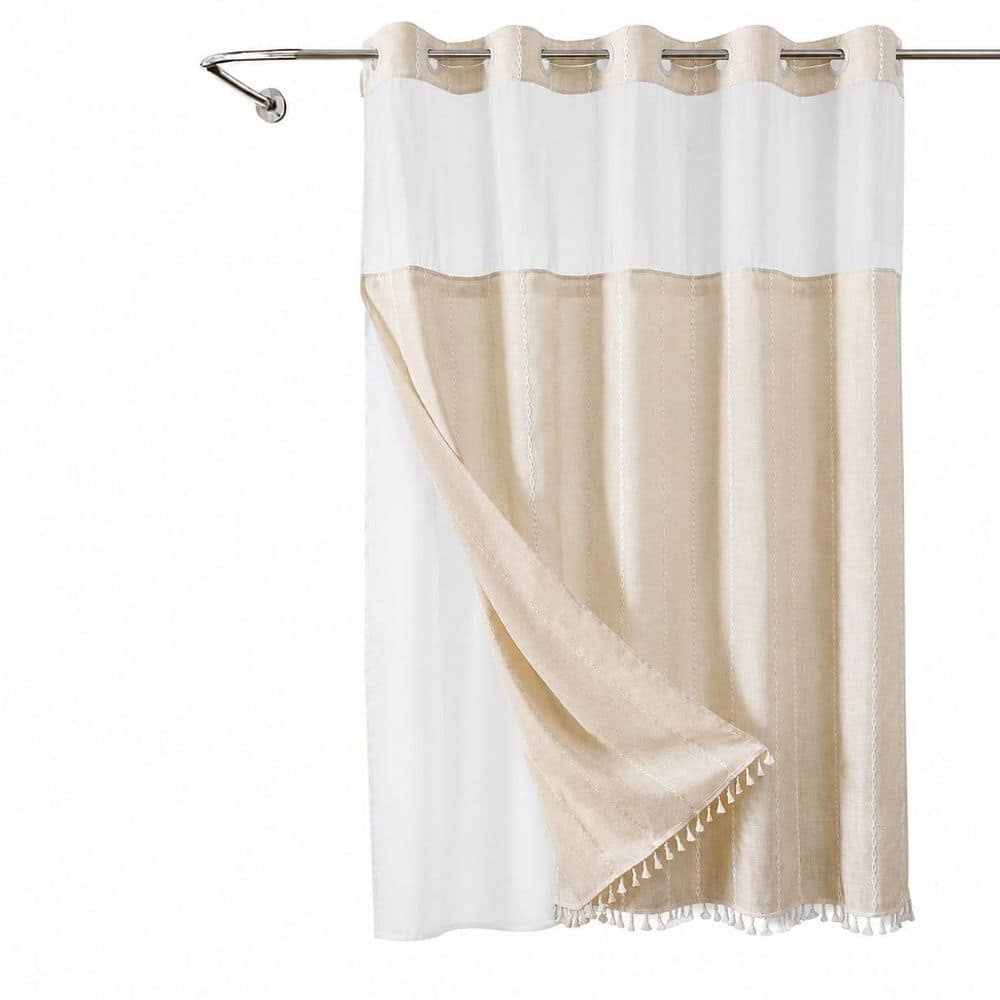Anqtovp 71 in. W x 74 in. L Linen Blend Shower Curtain in Cream Beige with Snap-On Liner, Water-Repellent, Tassels, Window (1)