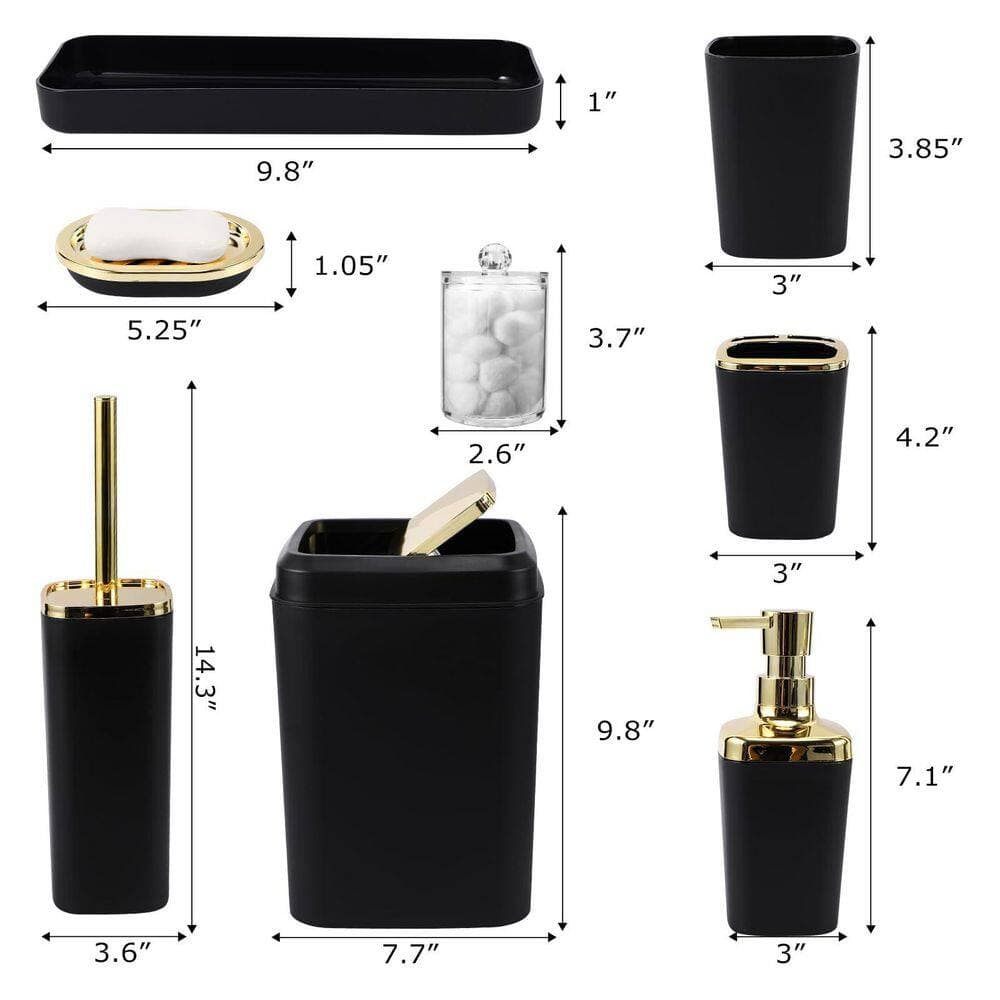 Wudkey Complete 9-Piece Bath Accessory Set with Trash Can, Toilet Brush, Q-tip Holders, Soap Dispenser in Black (2)