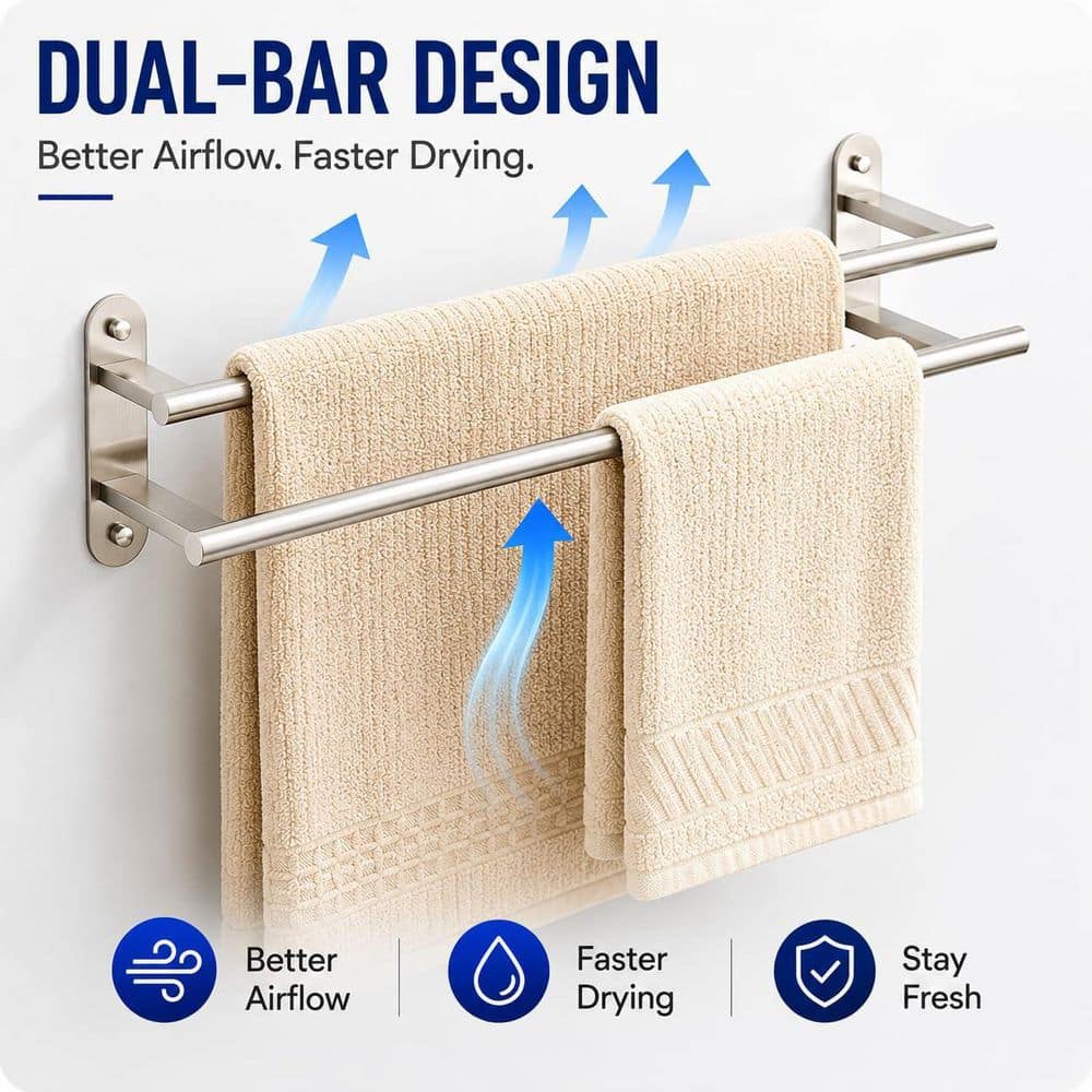 Unbranded 1-Pack Brushed Nickel Stainless Steel Double 24 in. Towel Bar Wall Mounted Hidden Screw Towel Bar Rack (3)