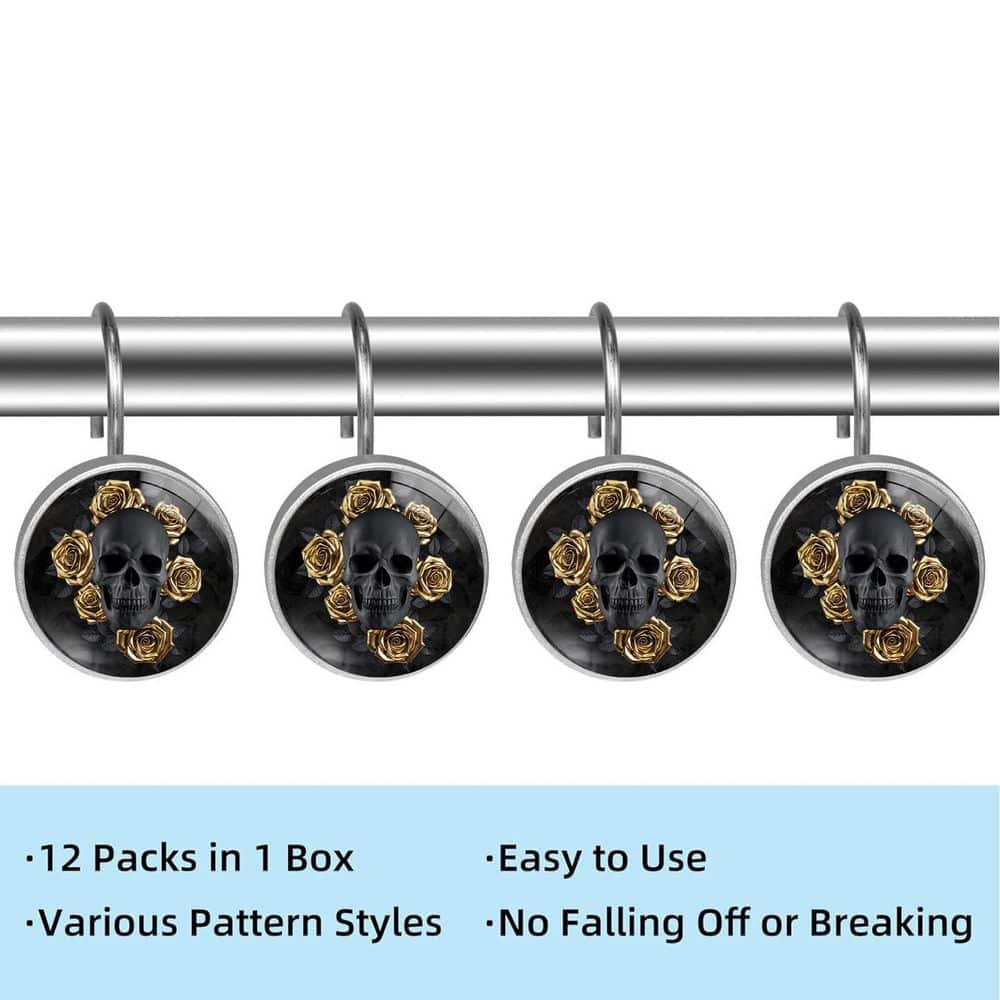 KHKFY Set of 12 Black Skull with Gold Roses Decorative Metal Shower Curtain Hooks Rustproof and Durable Unit (2)