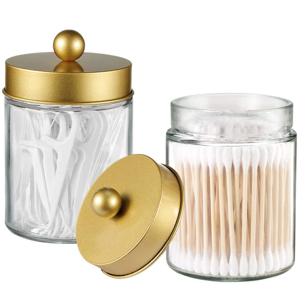 Unbranded Apothecary Jar Canisters Bathroom Vanity Organizer 3 Pack Gold with Stainless Lids for cotton swabs set (2)