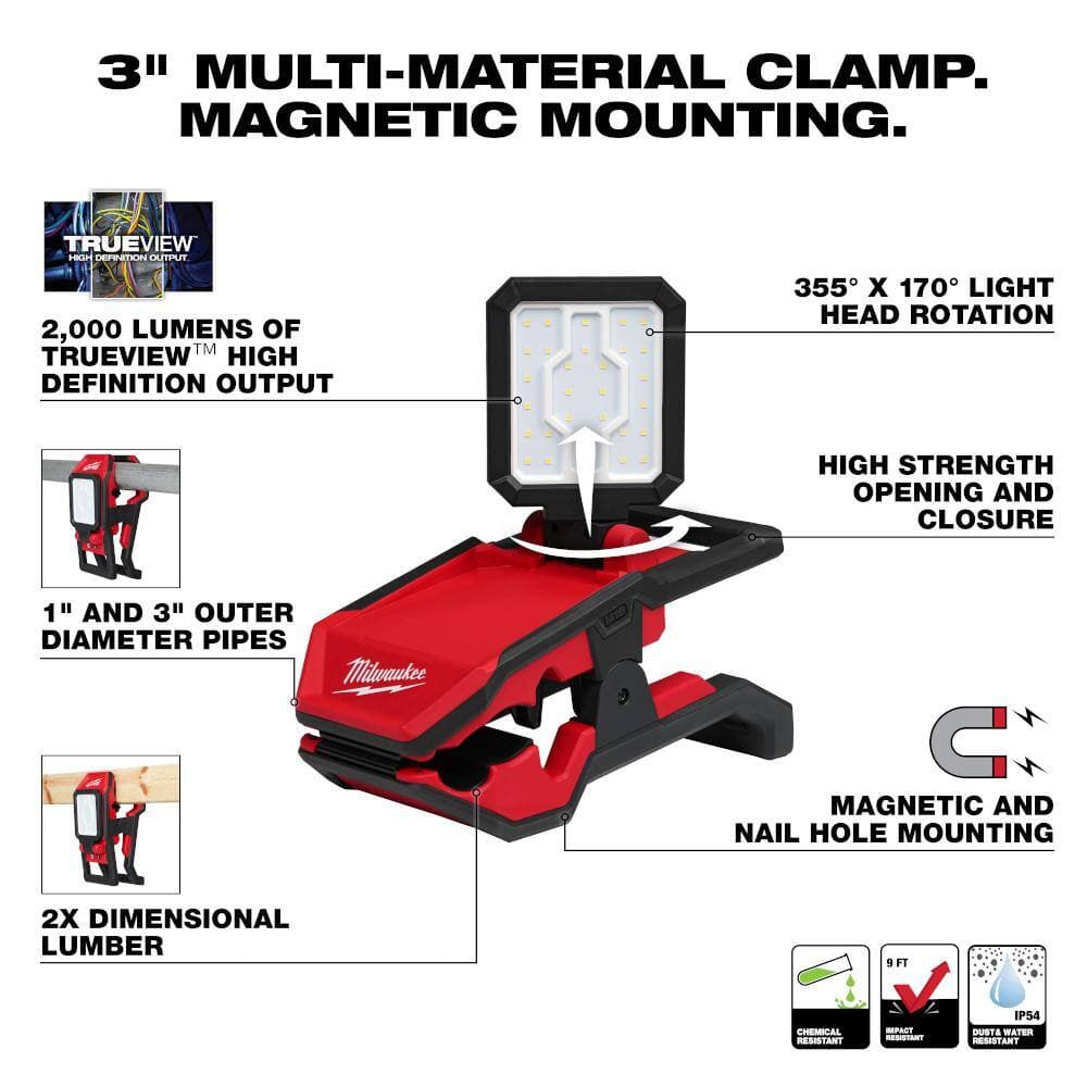 Milwaukee M18 18-Volt 2000 Lumens Lithium-Ion Cordless Rover LED Clamping Flood Light w/ Search Light (2)