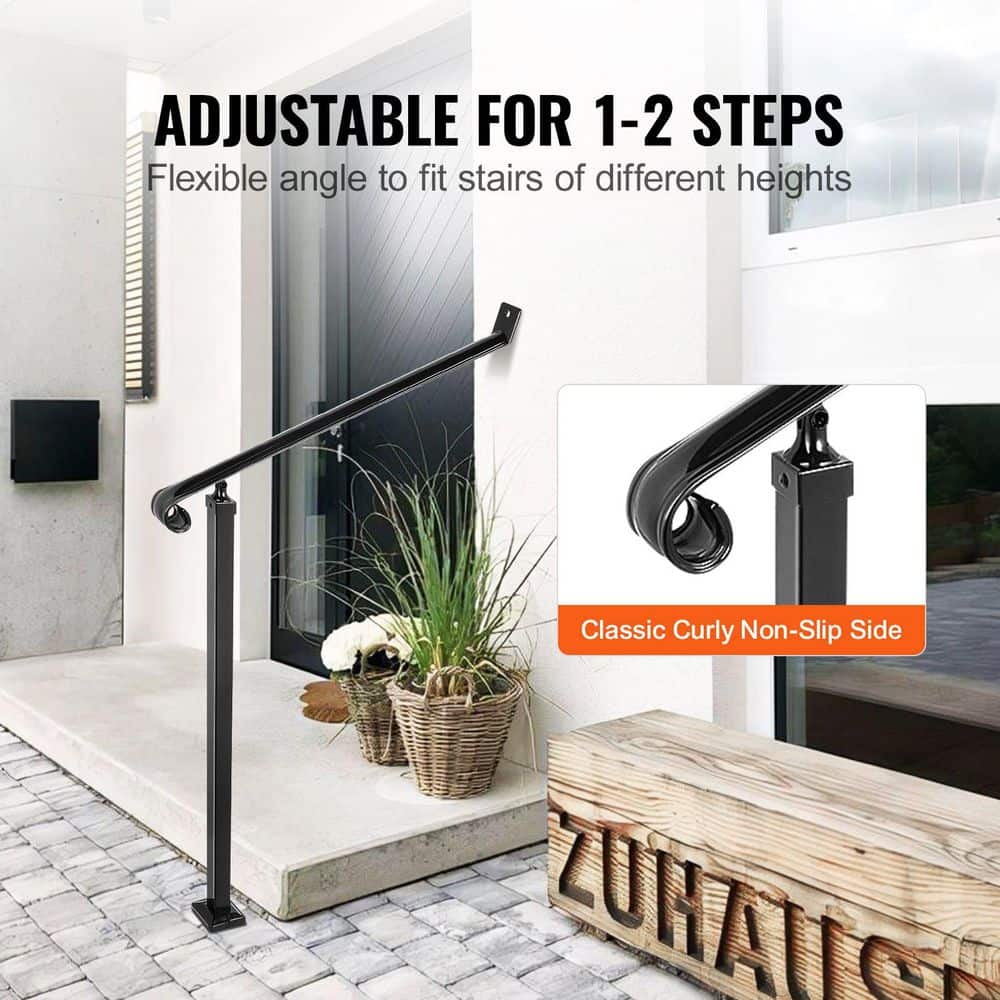 Laybus 5.35 ft. Black 2-3 Step Railing Wrought Iron Handrail Stair Railings for Steps Wall and Floor Mounted (2)