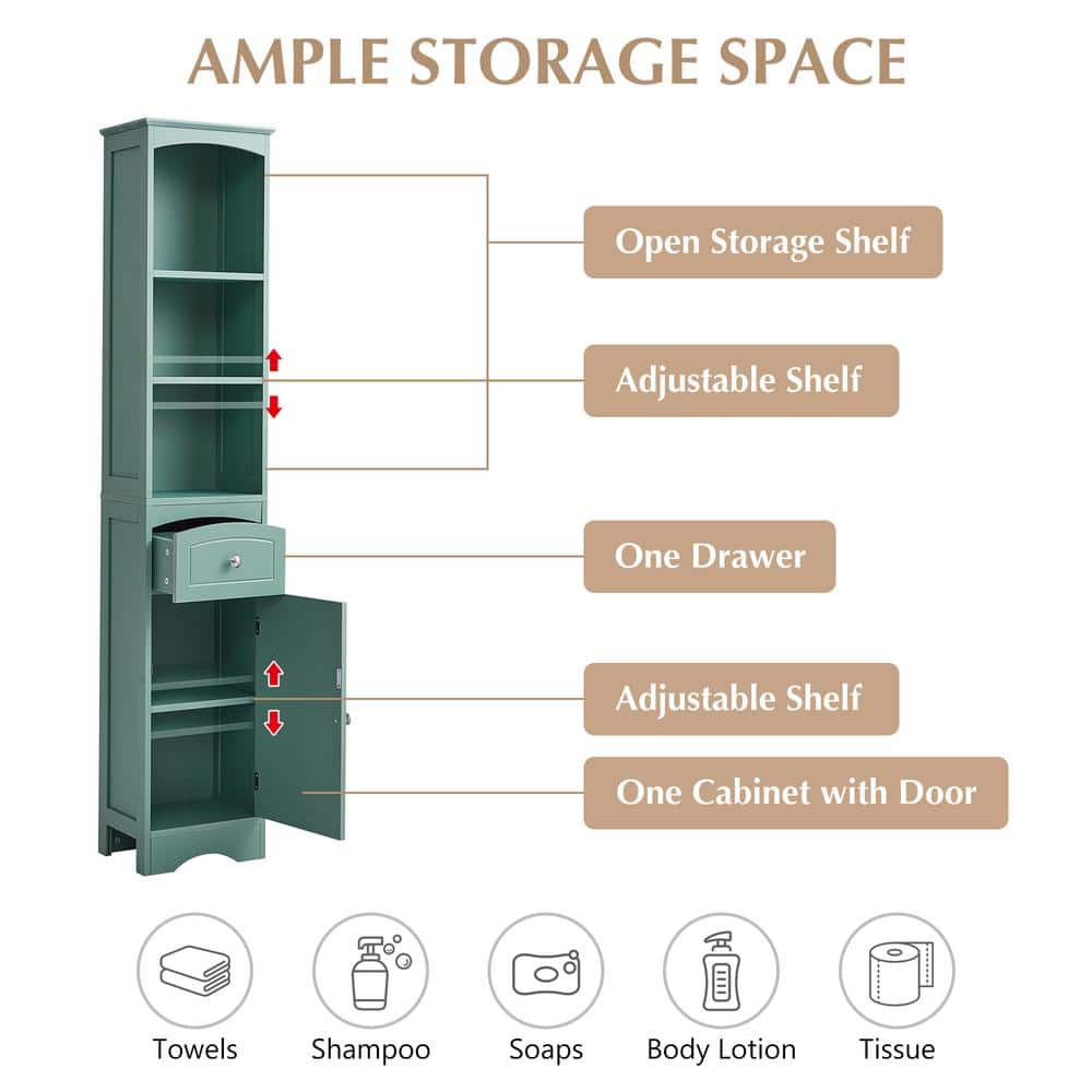 Unbranded 13.4 in. W x 9.1 in. D x 66.9 in. H Green Linen Cabinet with Drawer, MDF Board, Adjustable Shelf (3)