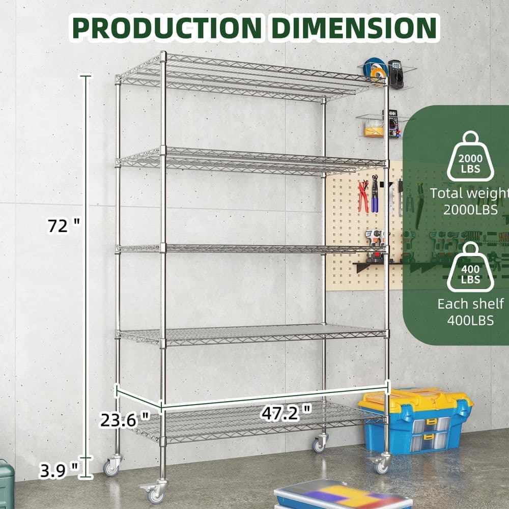 Tidoin 5-Tiers Metal Adjustable Heavy Duty Garage Storage Shelving Unit in Silver with Wheel (47 in. W x 72 in. H x 23.6 in. D) (2)