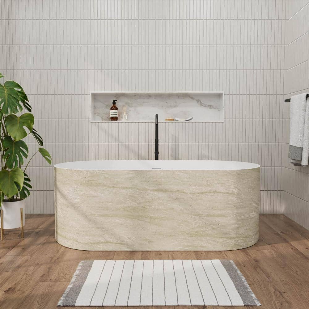 Unbranded 63 in. x 29.53 in. Solid Surface Freestanding Soaking Bathtub with Center Drain in Light Wood Grain Finish (1)